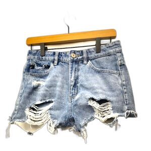 Kancan Light Wash Destroyed Denim Shorts Ripped Festival Summer Shorts SM